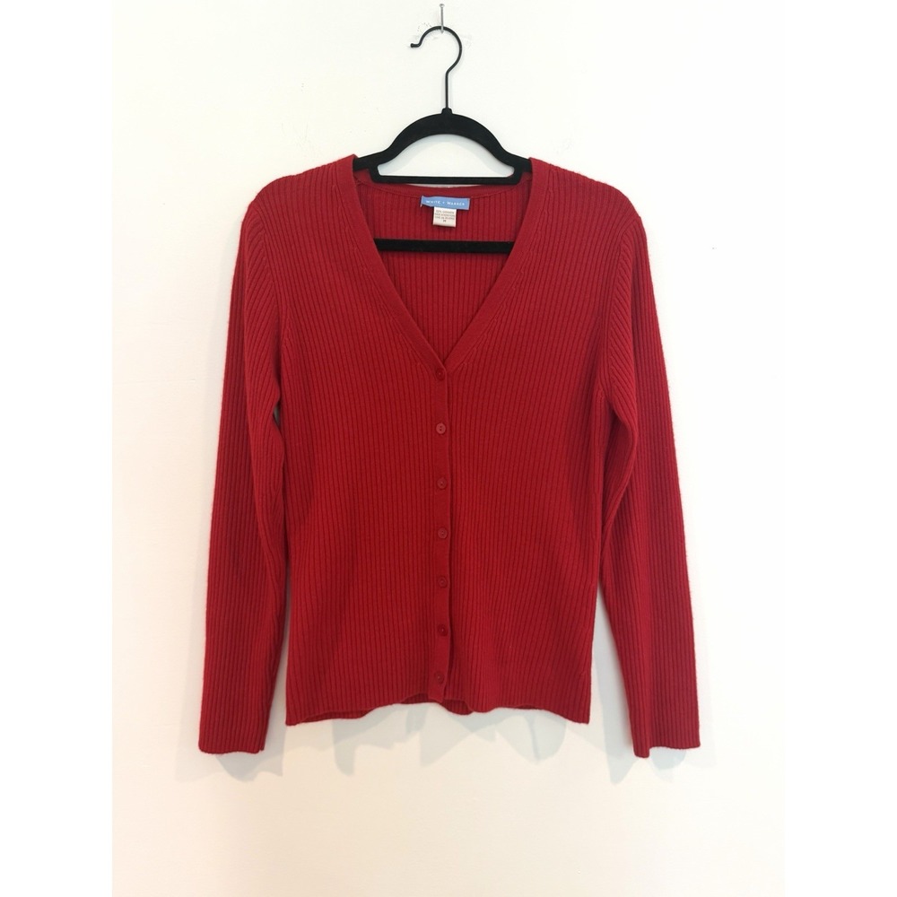 White + Warren 100% Cashmere Cardigan Sweater Red Knit Sz M V-Neck Button Front